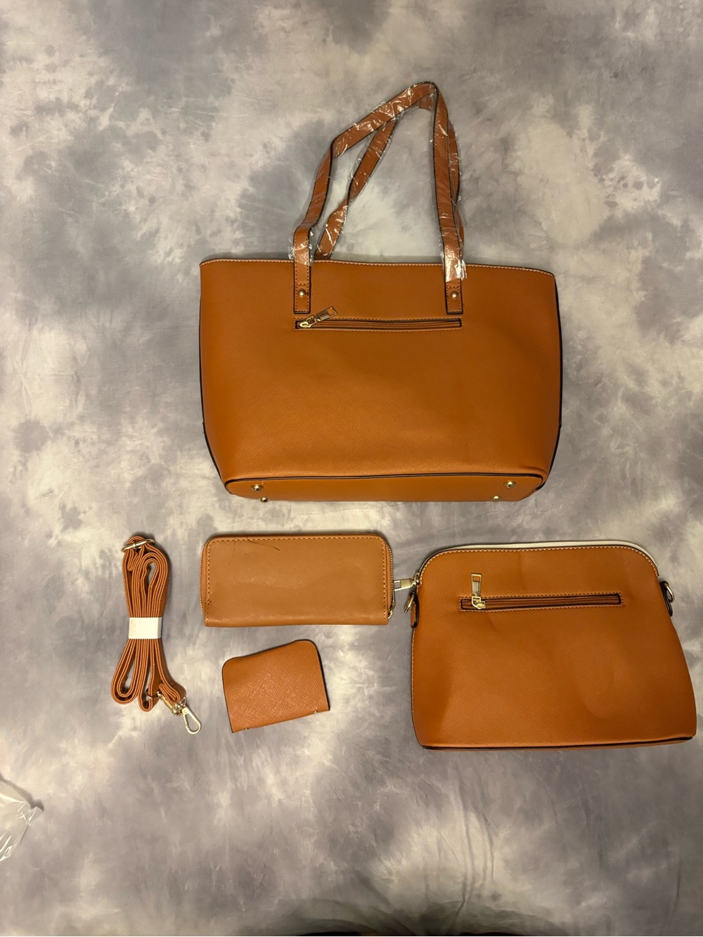 Cow-Print Tote Bag with Tan Trim - Women Bags 5 piece set - Picture 2 of 9